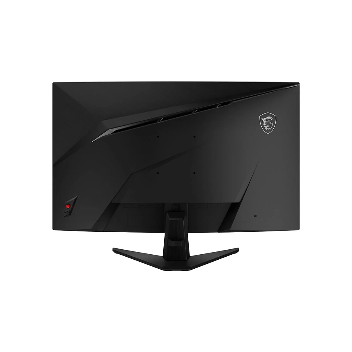 Schwarzer Monitor von hinten, mit Standfuß. Das MSI-Logo ist oben rechts zu sehen. Anschlüsse und Knöpfe sind unten.