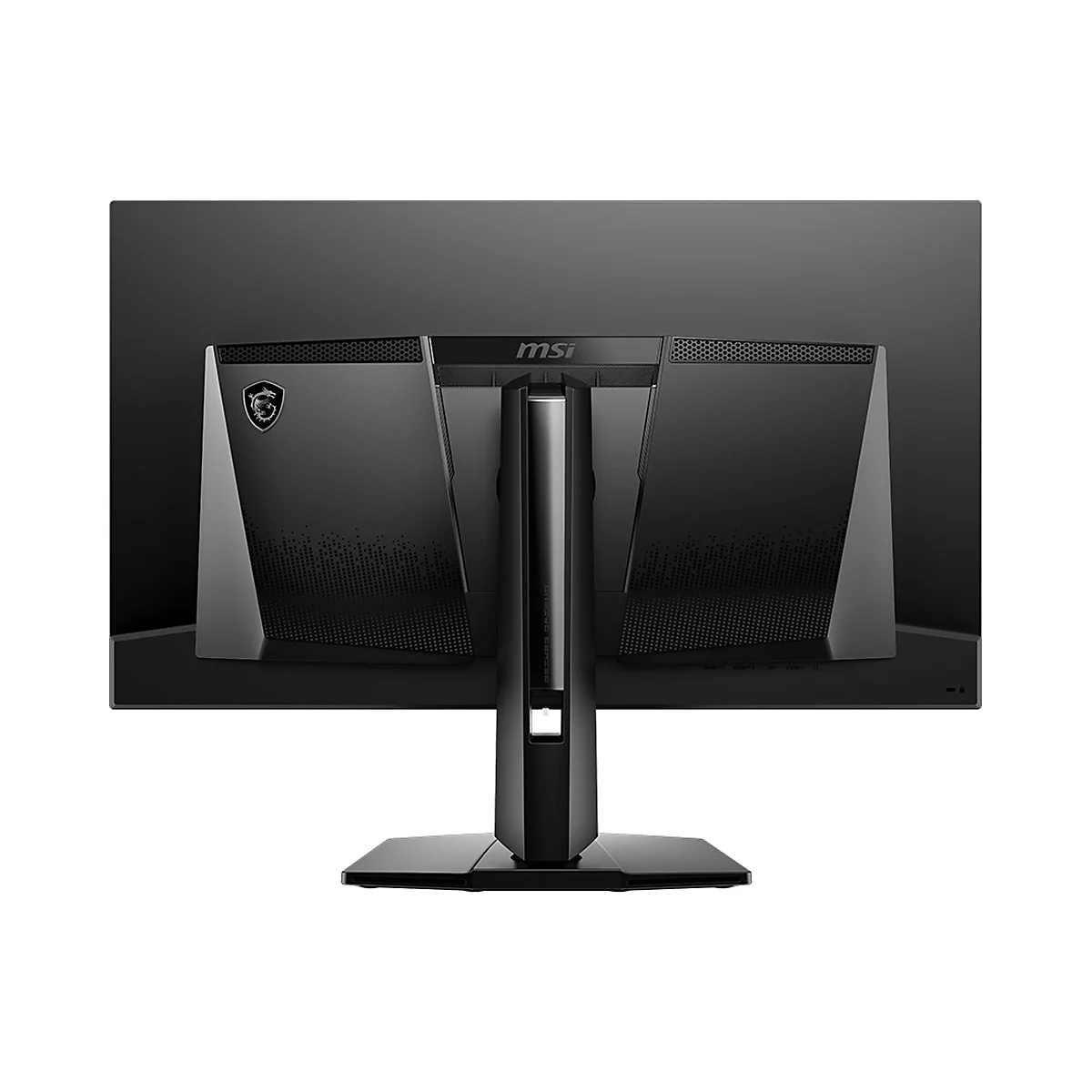 Rückansicht eines schwarzen MSI Gaming-Monitors mit Drachen-Logo und zentralem Standfuß auf weißem Hintergrund.