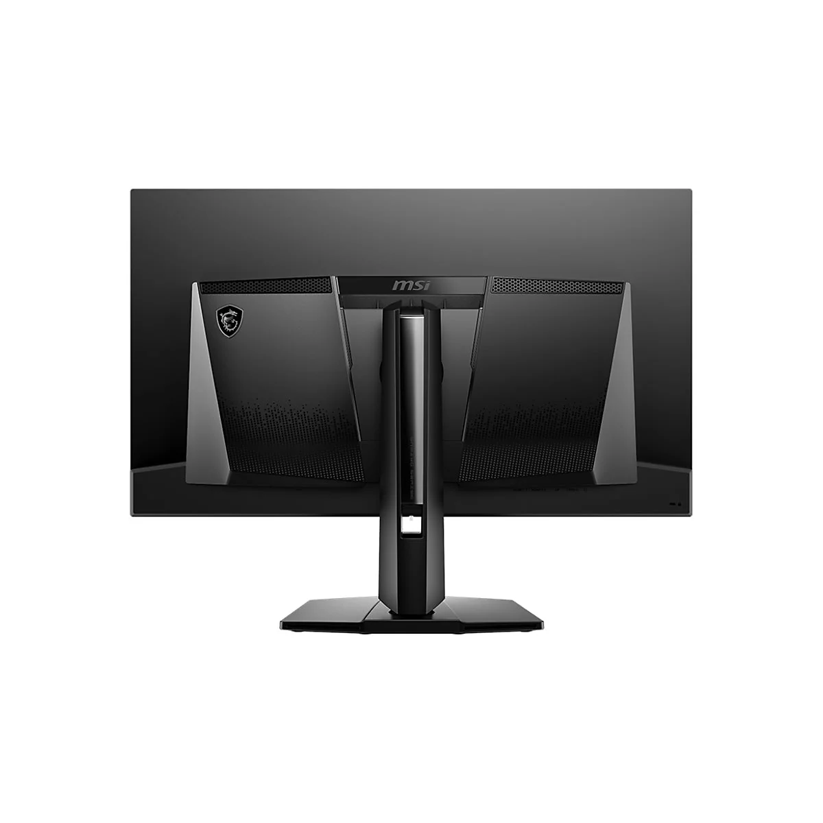 Rückseite eines schwarzen MSI Gaming-Monitors mit Standfuß auf weißem Hintergrund.