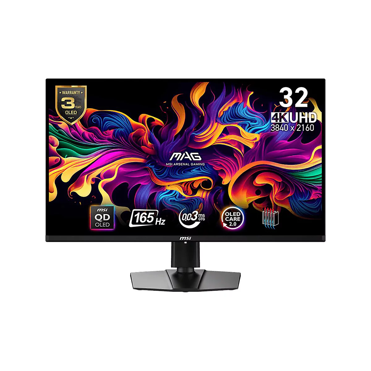 MSI MAG Gaming-Monitor mit 32 Zoll, 4K UHD-Auflösung und farbenprächtigem abstrakten Hintergrunddesign.