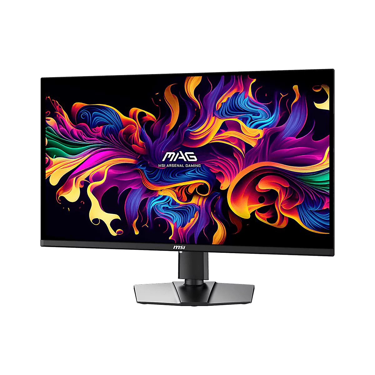 MSI Gaming-Monitor auf schwarzem Standfuß mit farbenfroher, abstrakter Grafik auf dem Display.