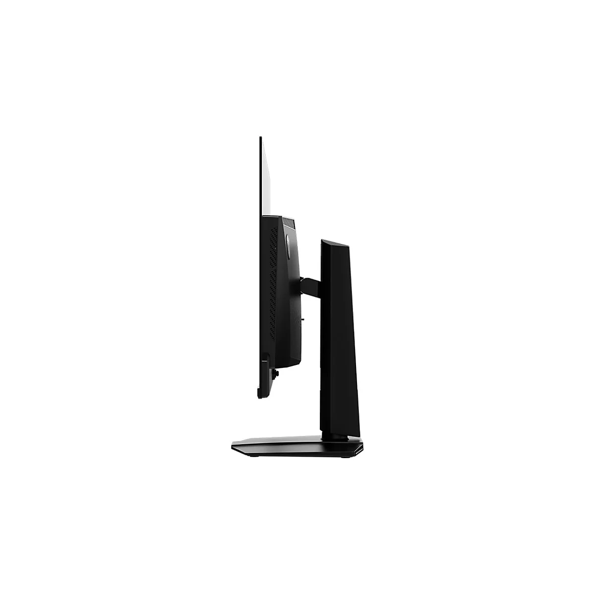 Seitenansicht eines schwarzen Computermonitors mit schlankem Design und ergonomischem Standfuß.