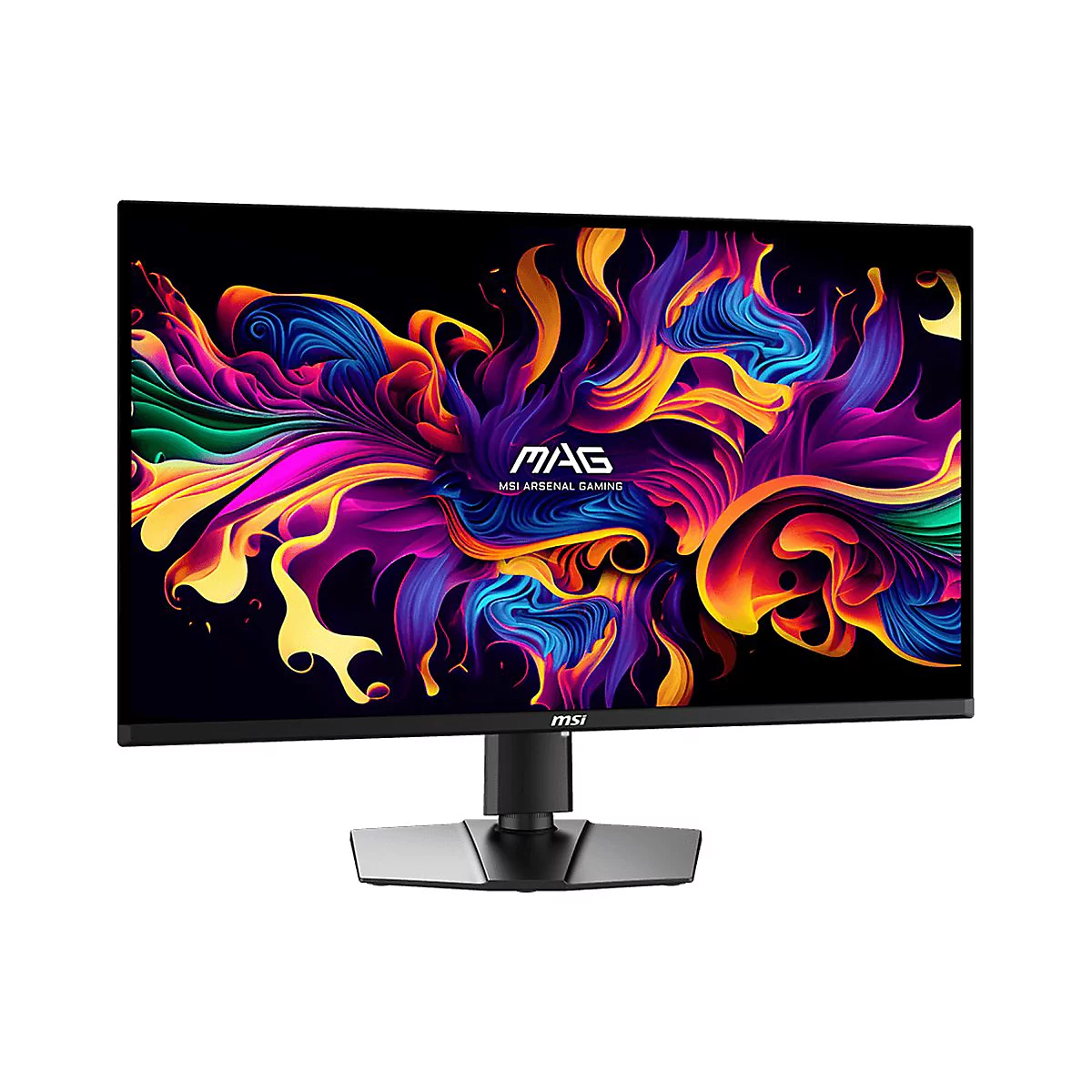 MSI Gaming-Monitor auf schwarzem Standfuß vor weißem Hintergrund mit abstraktem, buntem Display-Hintergrundbild.