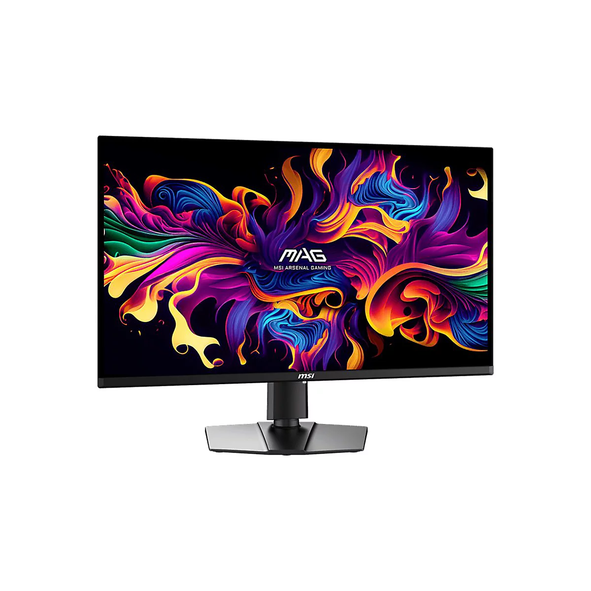 MSI Gaming-Monitor vor weißem Hintergrund mit farbenfrohem, abstraktem Wirbelmuster auf dem Display.
