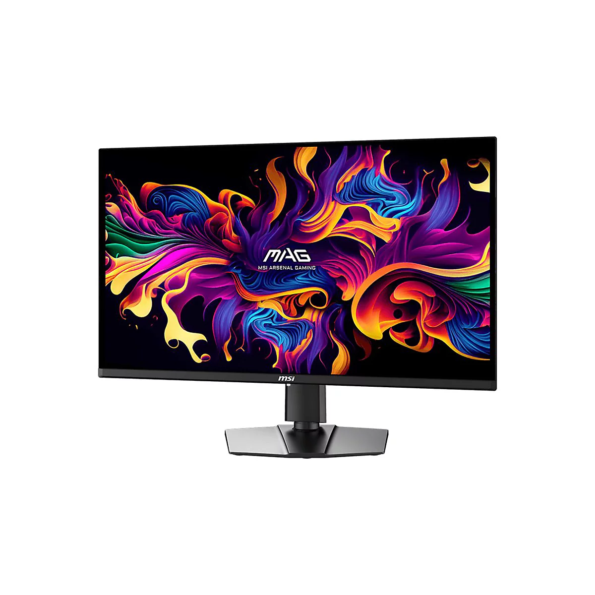 MSI Gaming-Monitor vor weißem Hintergrund mit farbenfrohem, abstraktem Wirbel-Hintergrundbild.