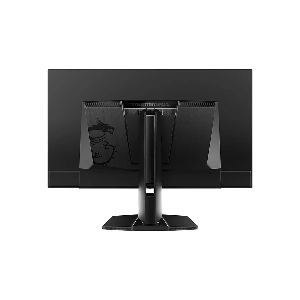 Rückansicht eines schwarzen MSI Gaming-Monitors mit Drachen-Logo und Standfuß vor weißem Hintergrund.