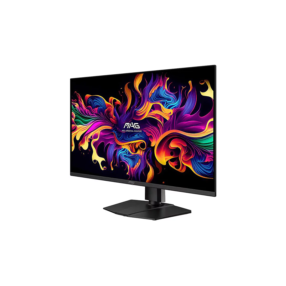 MSI Gaming Monitor vor weißem Hintergrund mit farbenfrohem abstraktem Wallpaper und MAG-Logo.