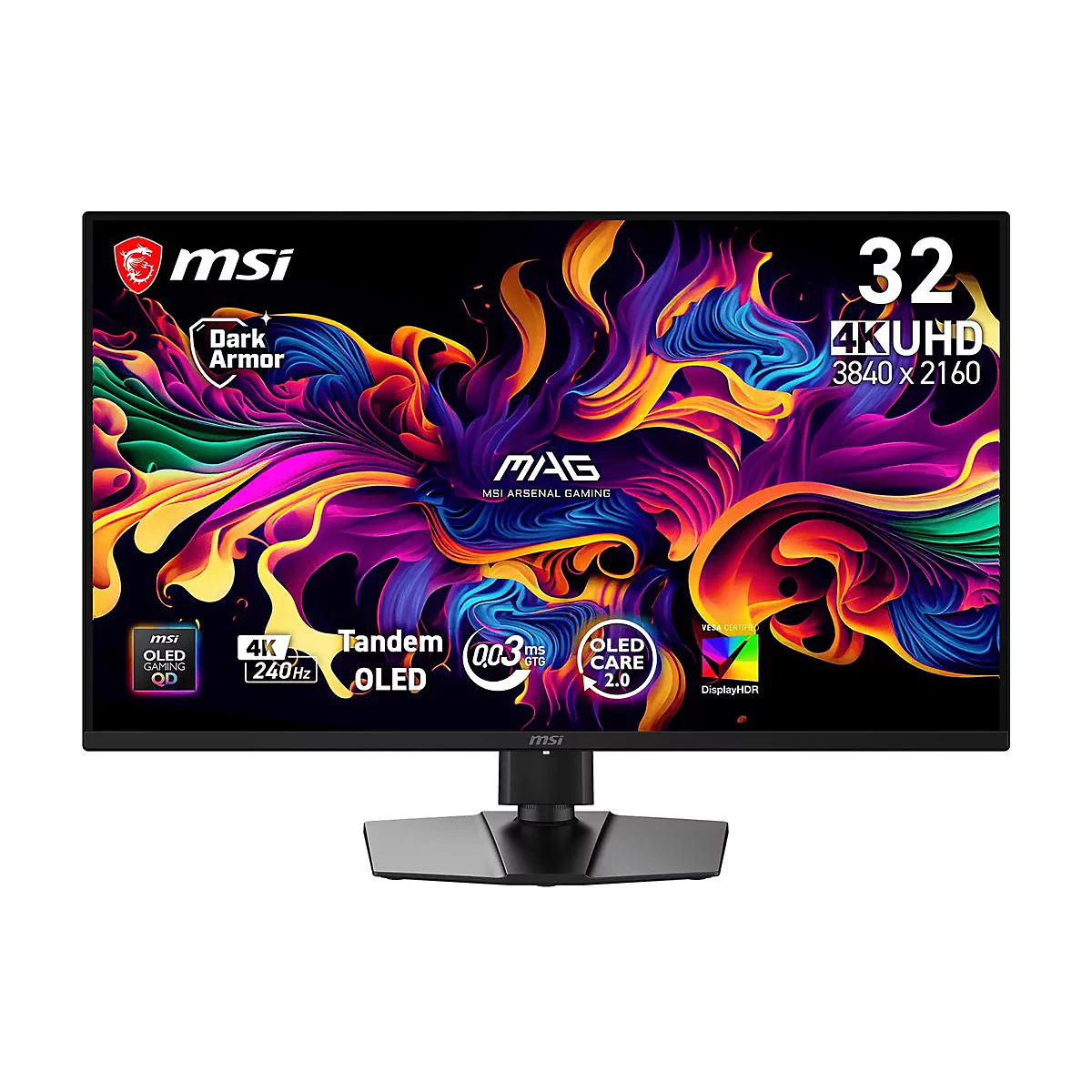 MSI 32 Zoll Gaming-Monitor mit 4K-UHD-Auflösung und farbenfrohem, abstraktem Hintergrunddesign.