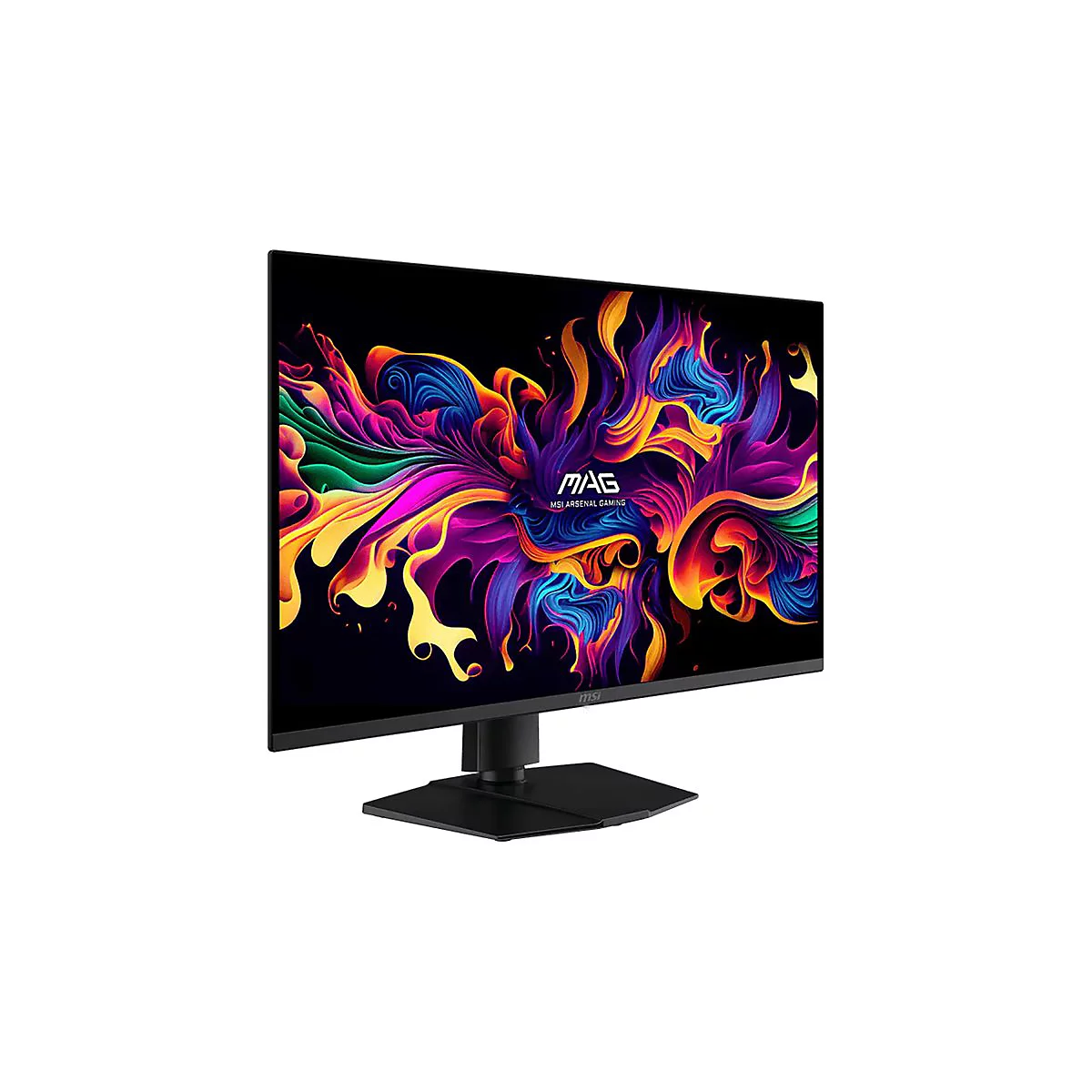 MSI Gaming-Monitor in Schwarz mit farbenfrohem, abstraktem Hintergrundbild auf dem Bildschirm.