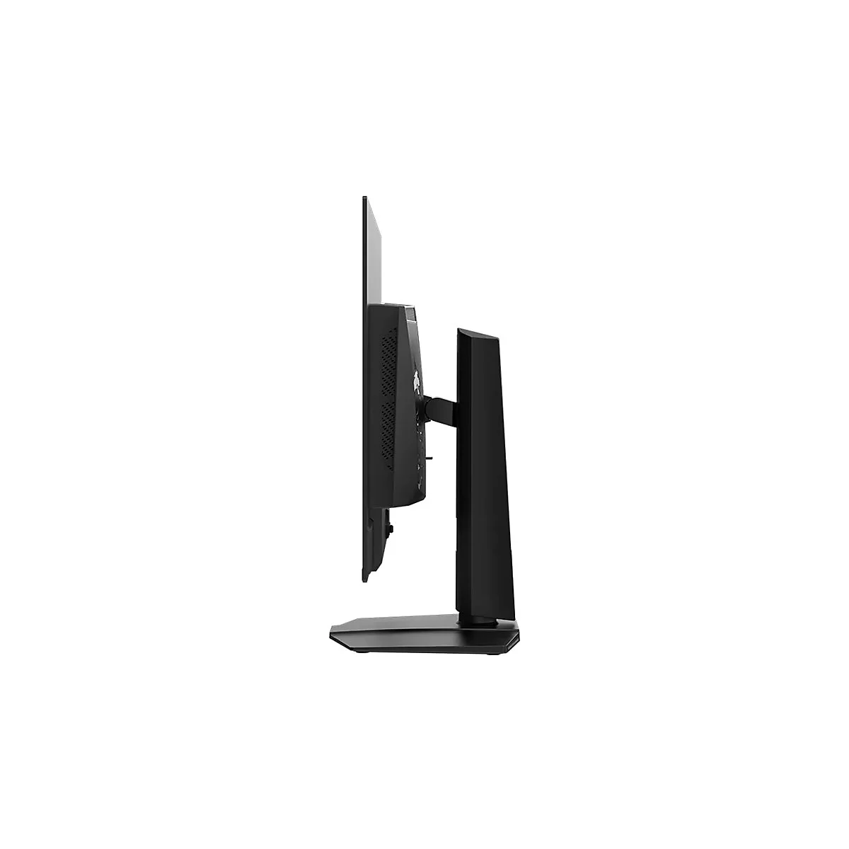Seitenansicht eines schwarzen Computer-Monitors mit schmalem Display und stabilem Standfuß vor weißem Hintergrund.