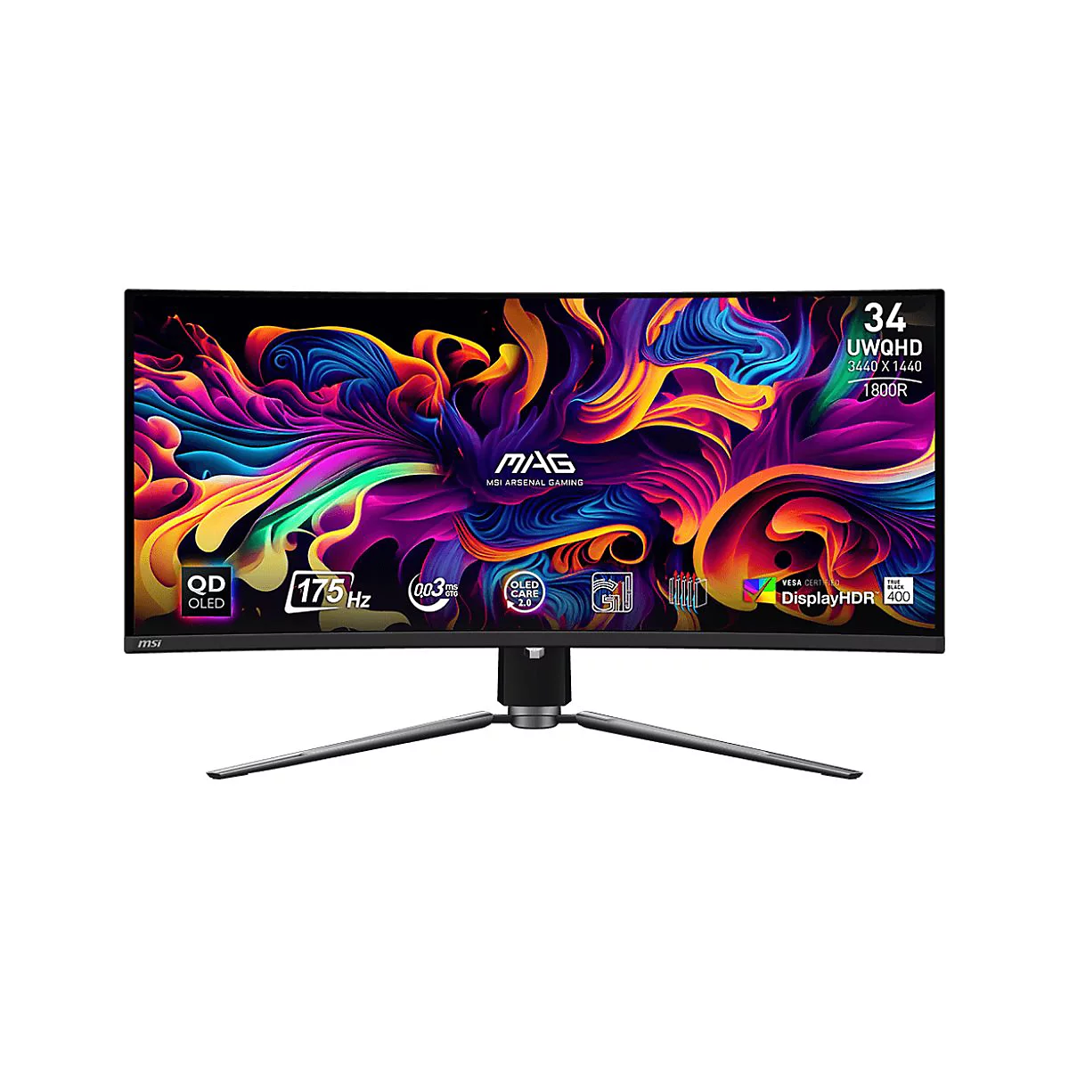 Ein gebogener MSI-Gaming-Monitor mit einem bunten, abstrakten Hintergrundbild und technischen Spezifikationen.