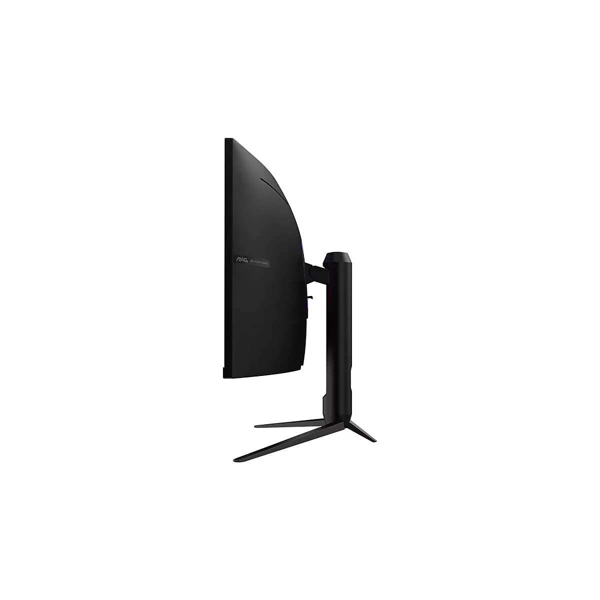 Seitliche Ansicht eines schwarzen Curved-Gaming-Monitors mit Standfuß auf weißem Hintergrund.