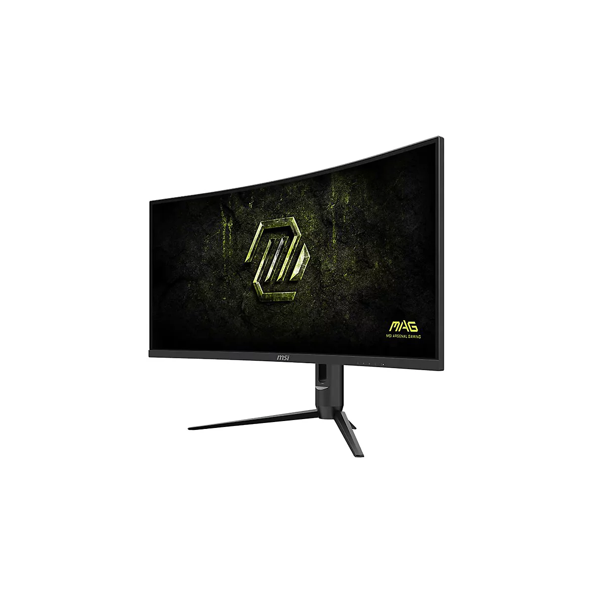 Gebogener MSI Gaming-Monitor vor weißem Hintergrund mit leuchtendem MAG-Logo auf dem Display.