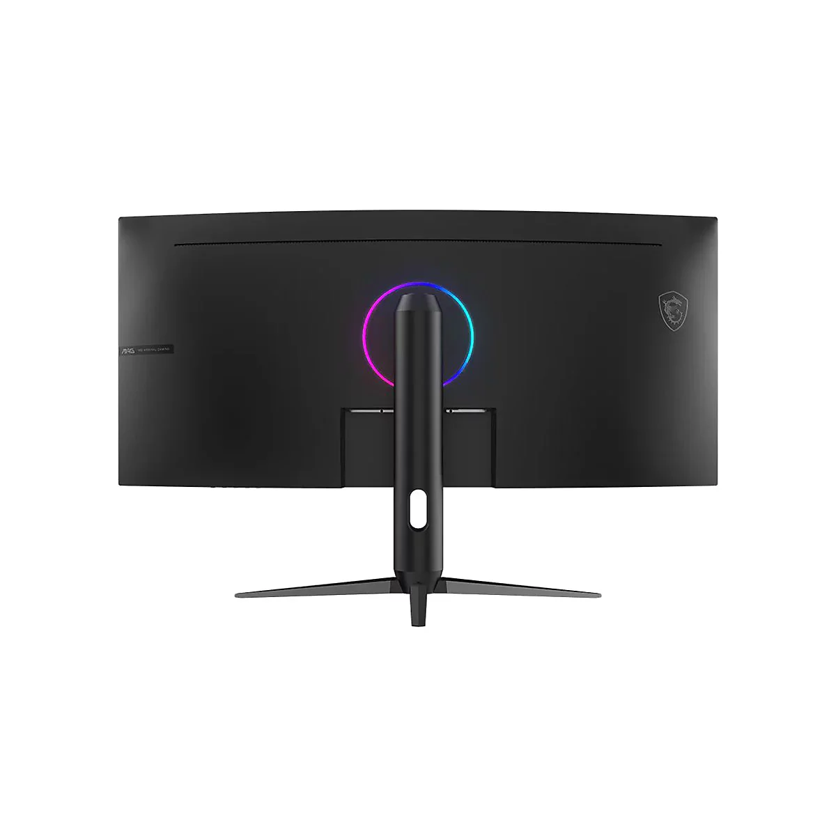 Rückseite eines gebogenen schwarzen MSI Gaming-Monitors mit RGB-Lichtring am Standfuß und MSI-Logo.