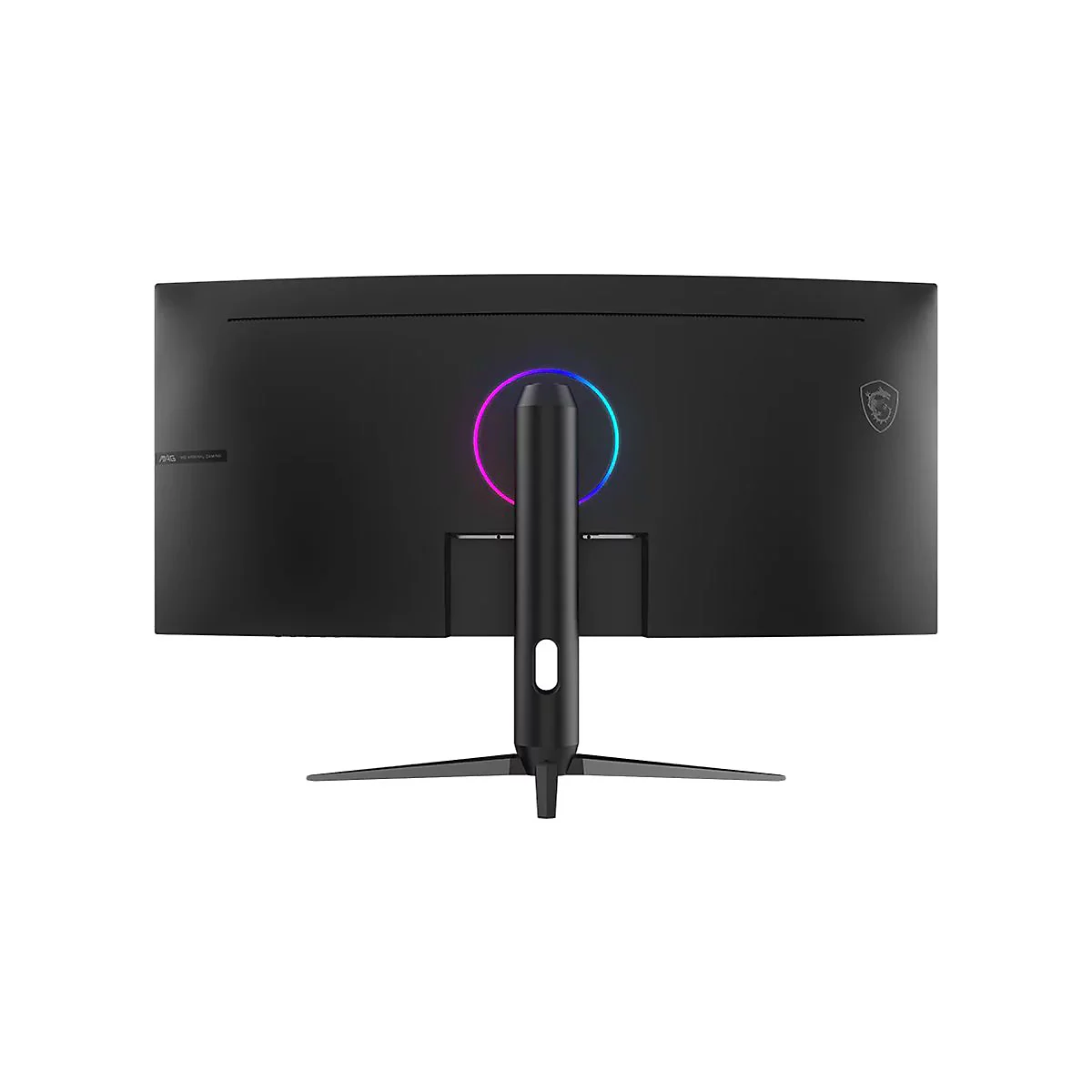 Rückseite eines schwarzen Curved-Gaming-Monitors mit RGB-Lichtring und Standfuß vor weißem Hintergrund.