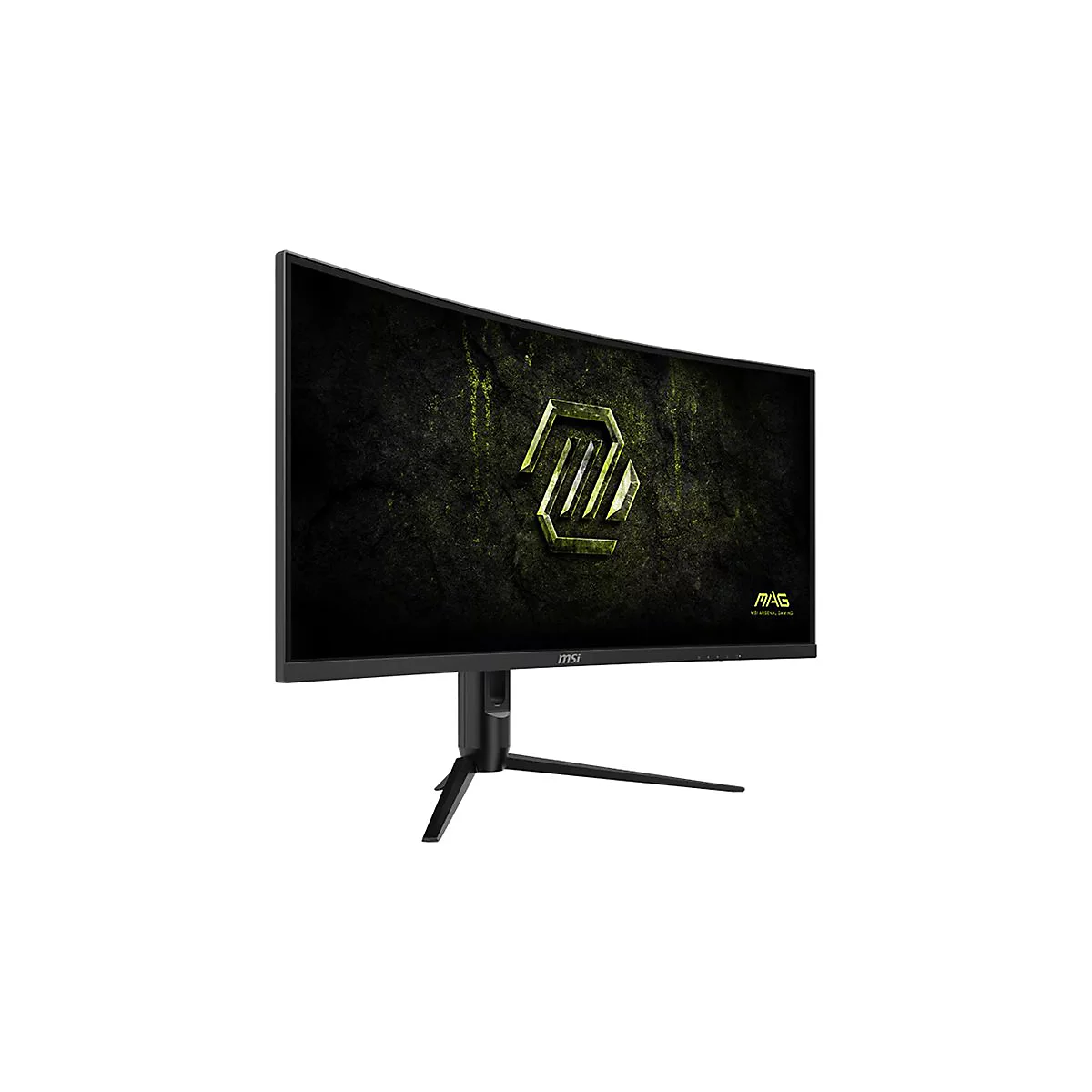 Schwarzer, leicht gebogener MSI Gaming-Monitor mit Standfuß auf weißem Hintergrund.