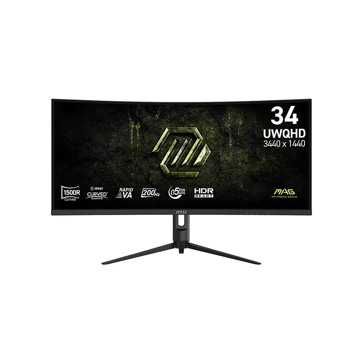 MSI 34-Zoll Curved Gaming-Monitor auf schwarzem Standfuß vor weißem Hintergrund.