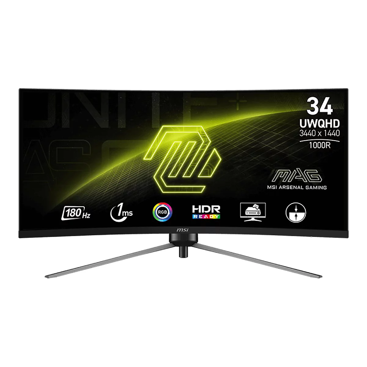 Ein MSI Gaming Monitor mit gekrümmten Bildschirm, Details sind: 180 Hz, 1ms, HDR Ready, UWQHD 3440 x 1440. Aufschrift: MAG MSI ARSENAL GAMING.