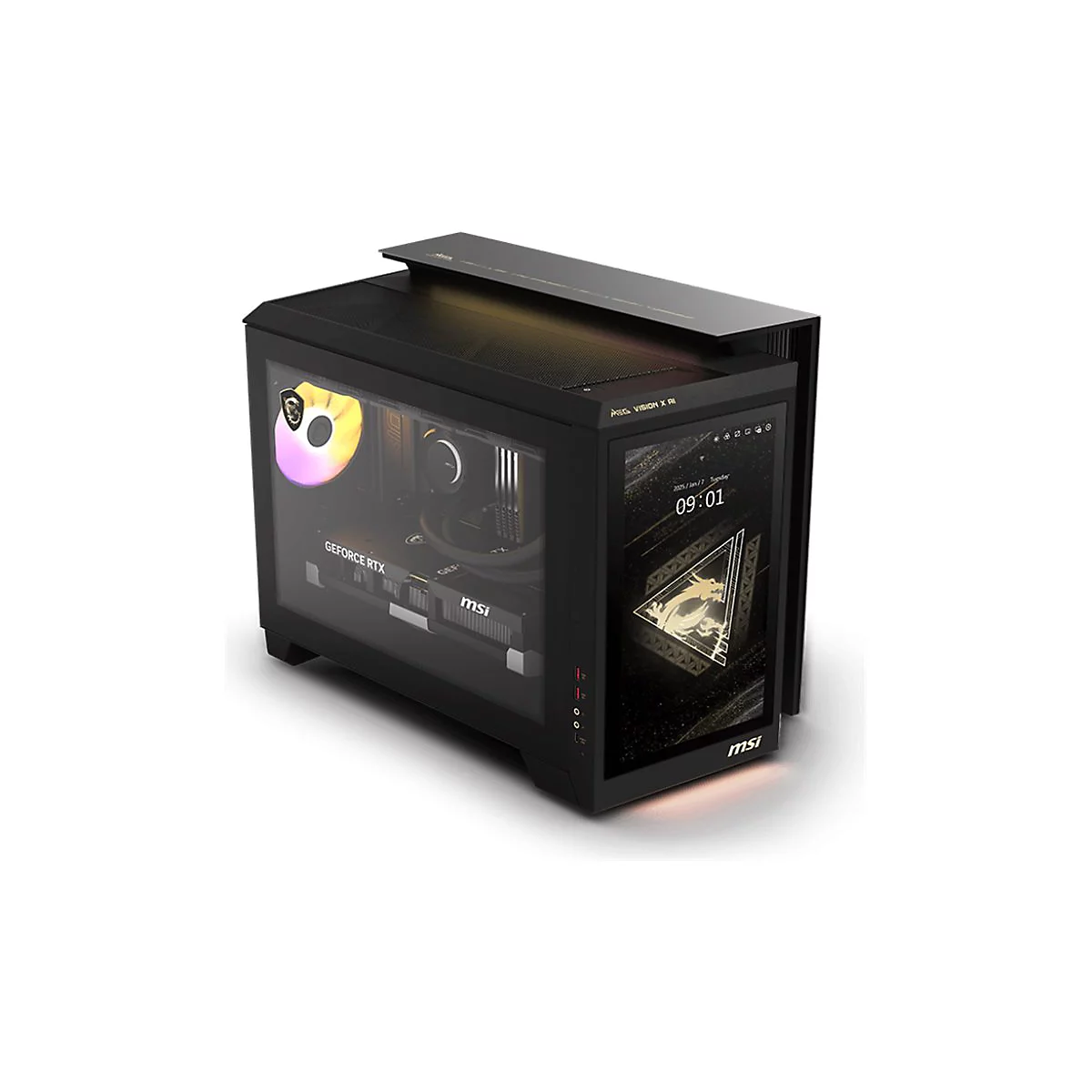 Schwarzer PC-Tower mit Glasfront. Innenbeleuchtung, Gehäuse mit MSI-Logo, Bildschirm mit Uhrzeit. Aufschrift GeForce RTX.