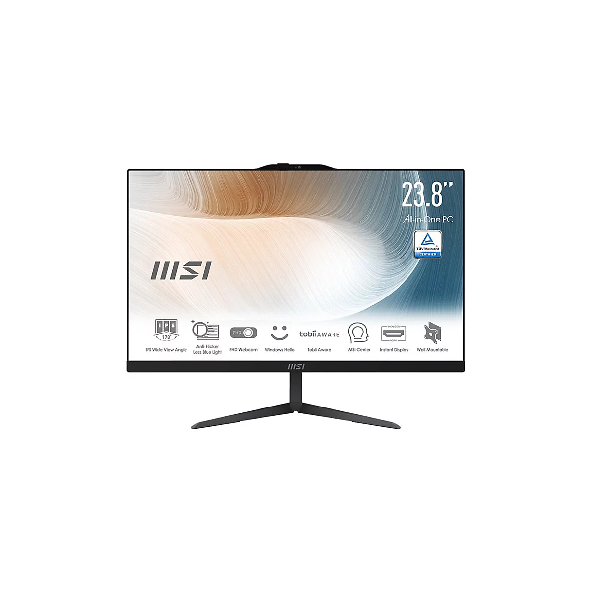 Ein schwarzer All-in-One PC Monitor mit 23,8-Zoll-Bildschirm, der auf einem schwarzen Standfuß steht.