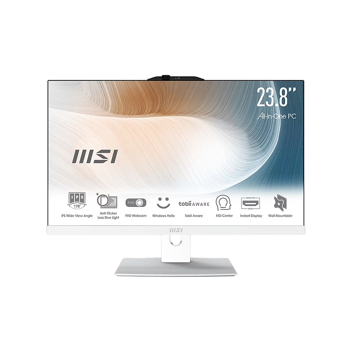 Ein weißer All-in-One-PC-Monitor mit 23,8-Zoll-Bildschirm und verschiedenen Funktionen: IPS Wide View Angle, Anti-Flicker, FHD Webcam, Tobii Aware. Unten steht IIISI.