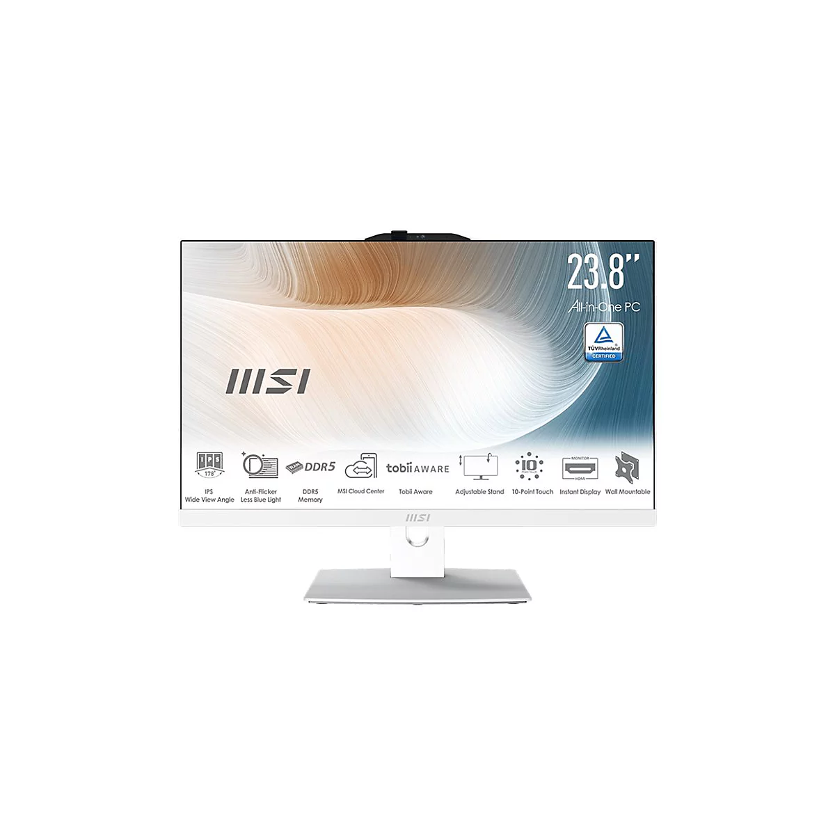 Weißer All-in-One PC, 23,8 Zoll Bildschirm. Mit MSI Logo, TUV-Zertifikat und Produktmerkmalen. Auf einem weißen Ständer.