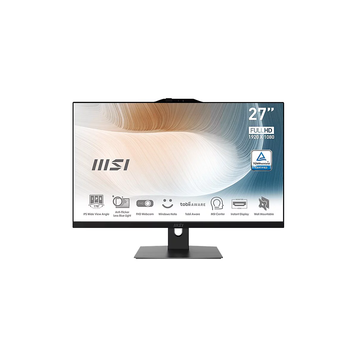Ein schwarzer MSI-Monitor mit einem 27-Zoll-Bildschirm und FHD-Auflösung. Auf dem Bildschirm sind Informationen zu den Funktionen und Zertifizierungen des Monitors abgebildet.