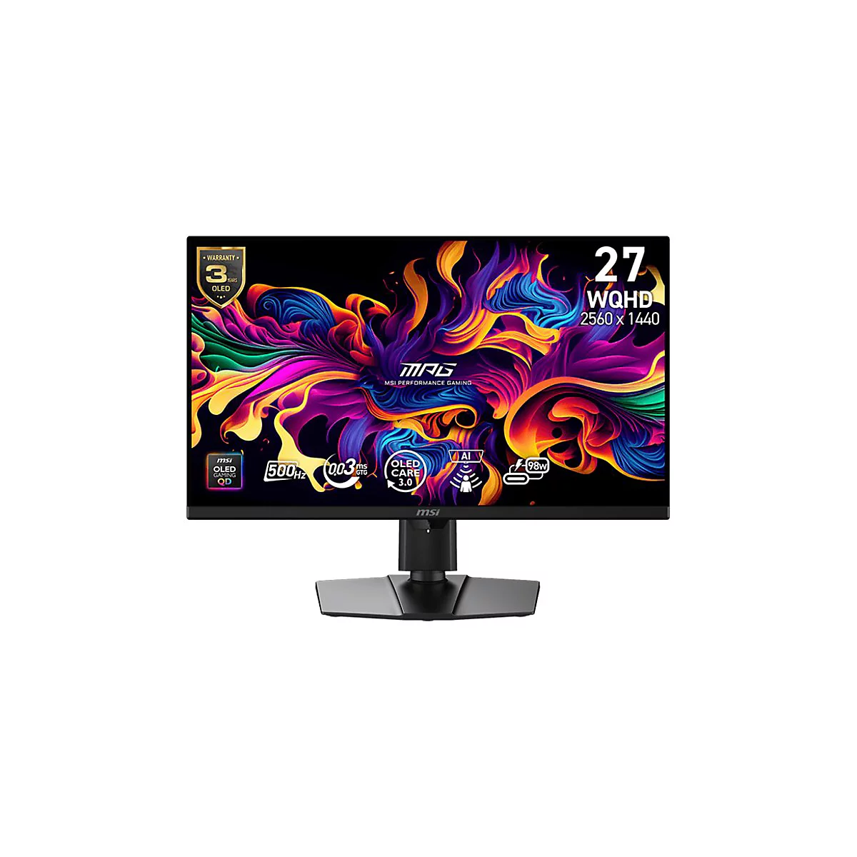 MSI Gaming-Monitor mit 27 Zoll, WQHD-Auflösung und buntem, abstraktem Hintergrundbild.