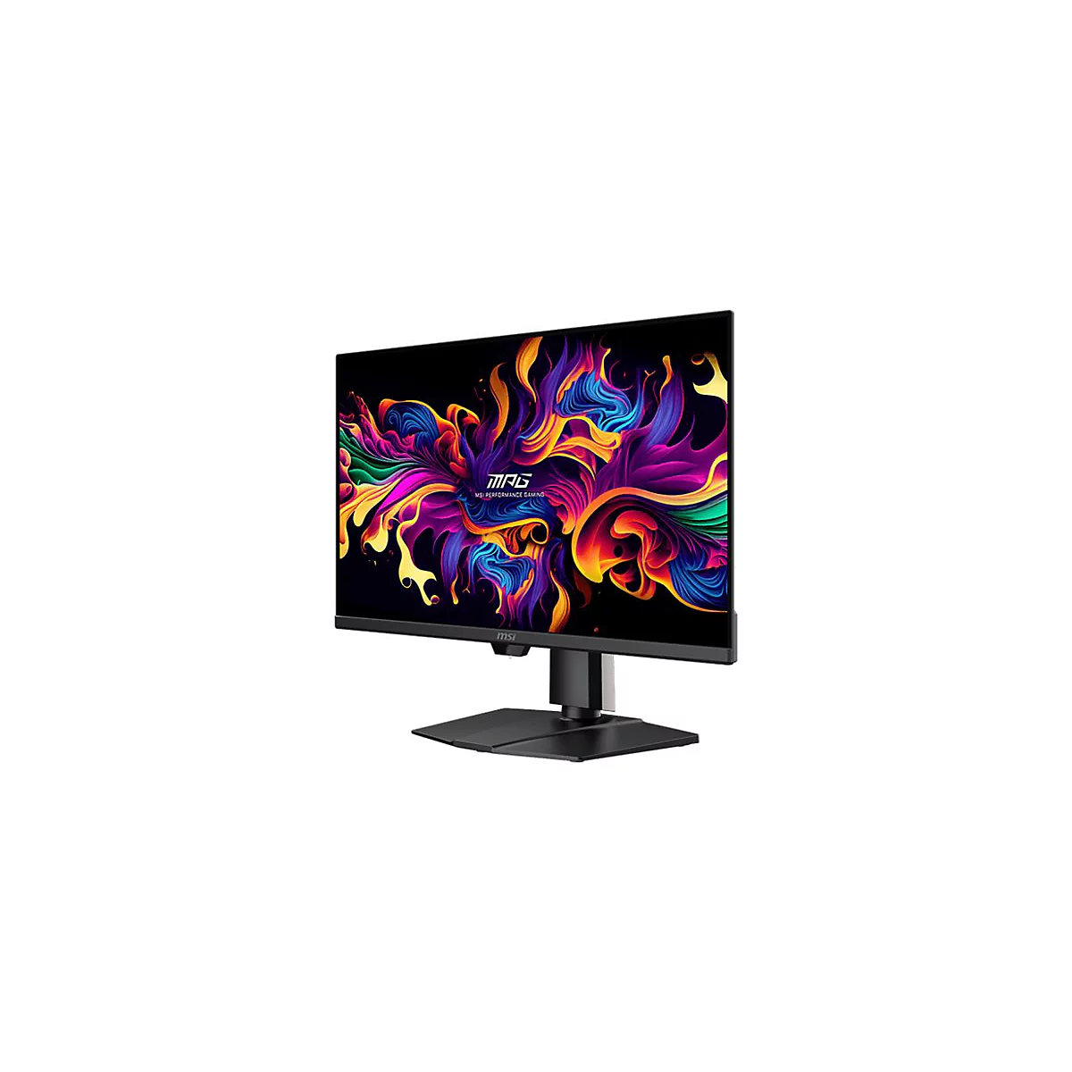 MSI MAG Gaming Monitor mit schlankem Rahmen und buntem, abstraktem Wirbel-Hintergrundbild auf einem schwarzen Standfuß.