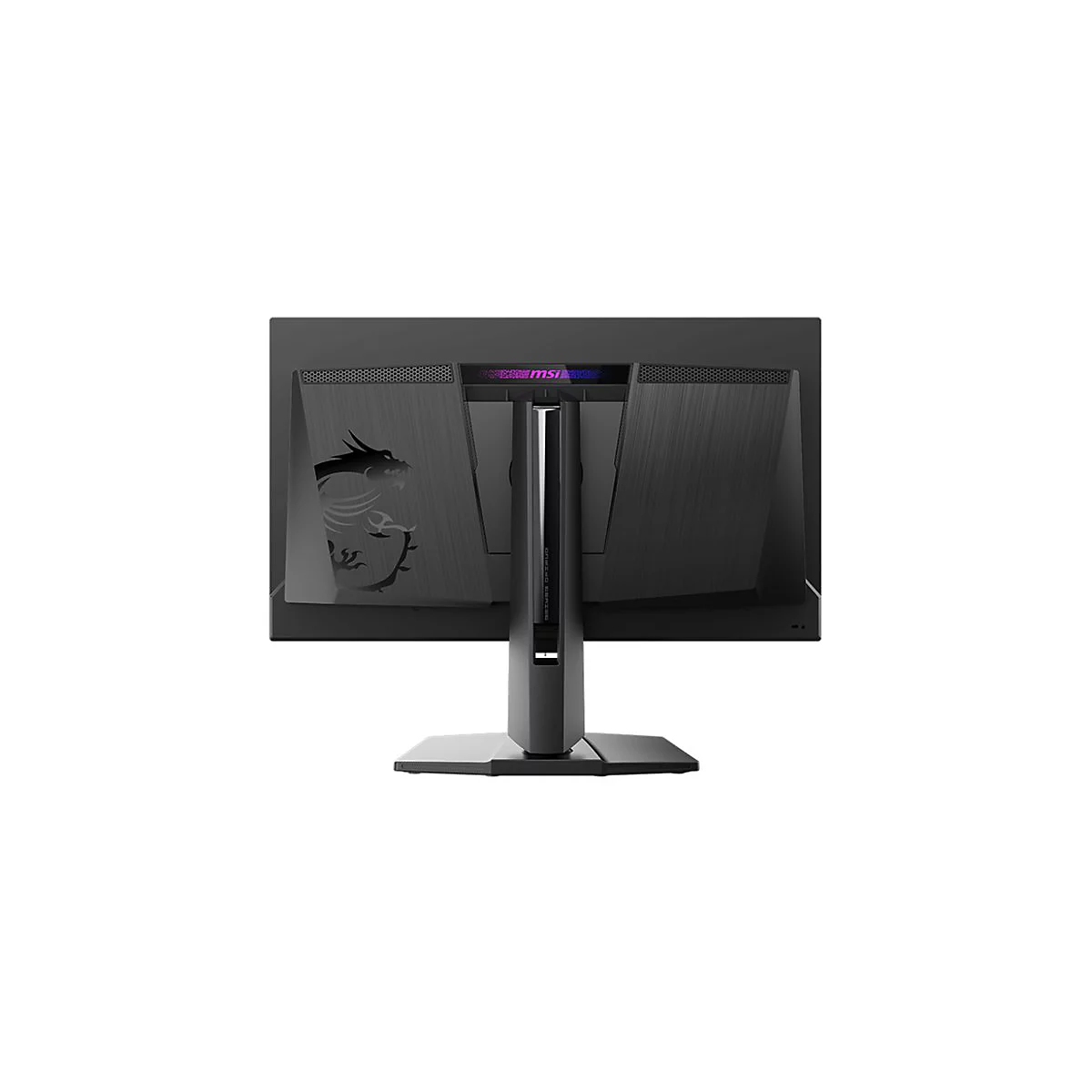Rückseite eines schwarzen MSI Gaming-Monitors mit Drachenlogo und Standfuß vor weißem Hintergrund.