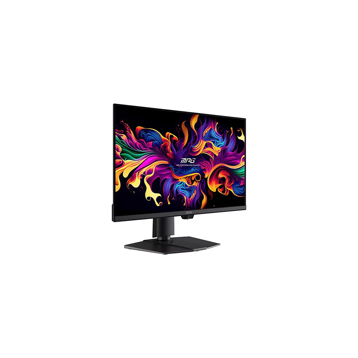 Schwarzer MSI Gaming-Monitor mit farbenfrohem, abstraktem Hintergrundbild vor weißem Hintergrund.