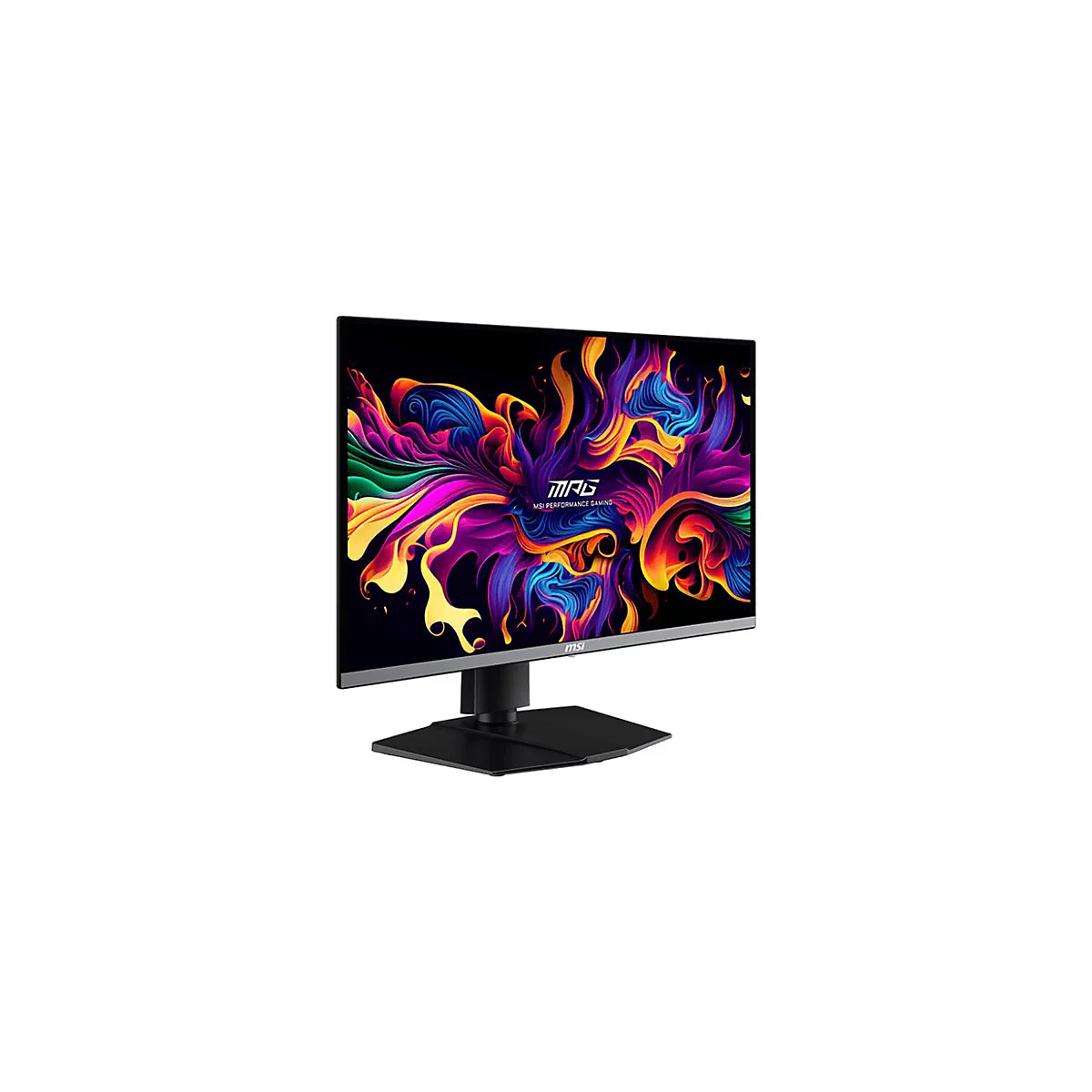 Ein Gaming Monitor mit einem farbenfrohen abstrakten Hintergrund. Auf dem Bildschirm sind die Logos MAG und MSI zu sehen.