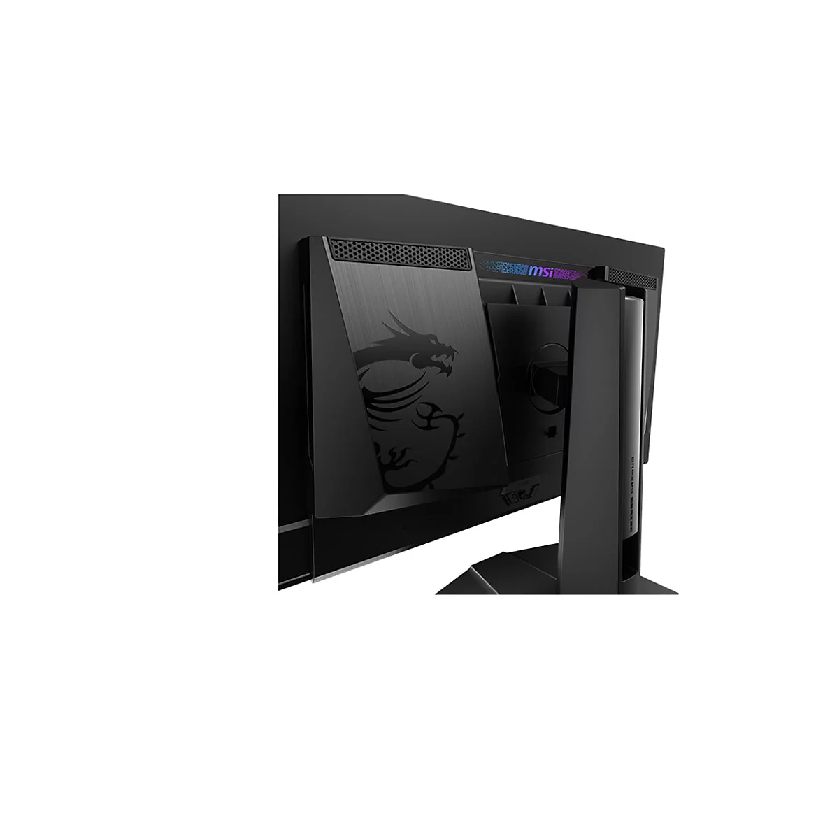 Detailansicht eines schwarzen MSI-Monitors, Rückseite mit Drachendekor und MSI-Logo.
