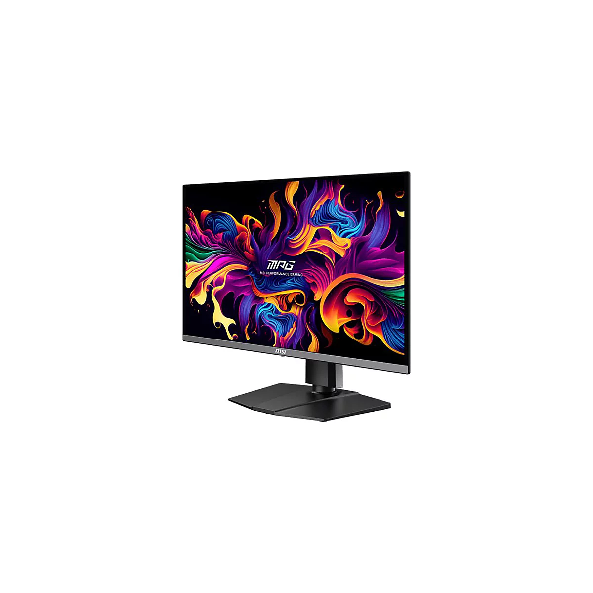 MSI-Monitor mit farbenfroher Grafik auf dem Bildschirm. Schwarzer Standfuß und silberner Rahmen.