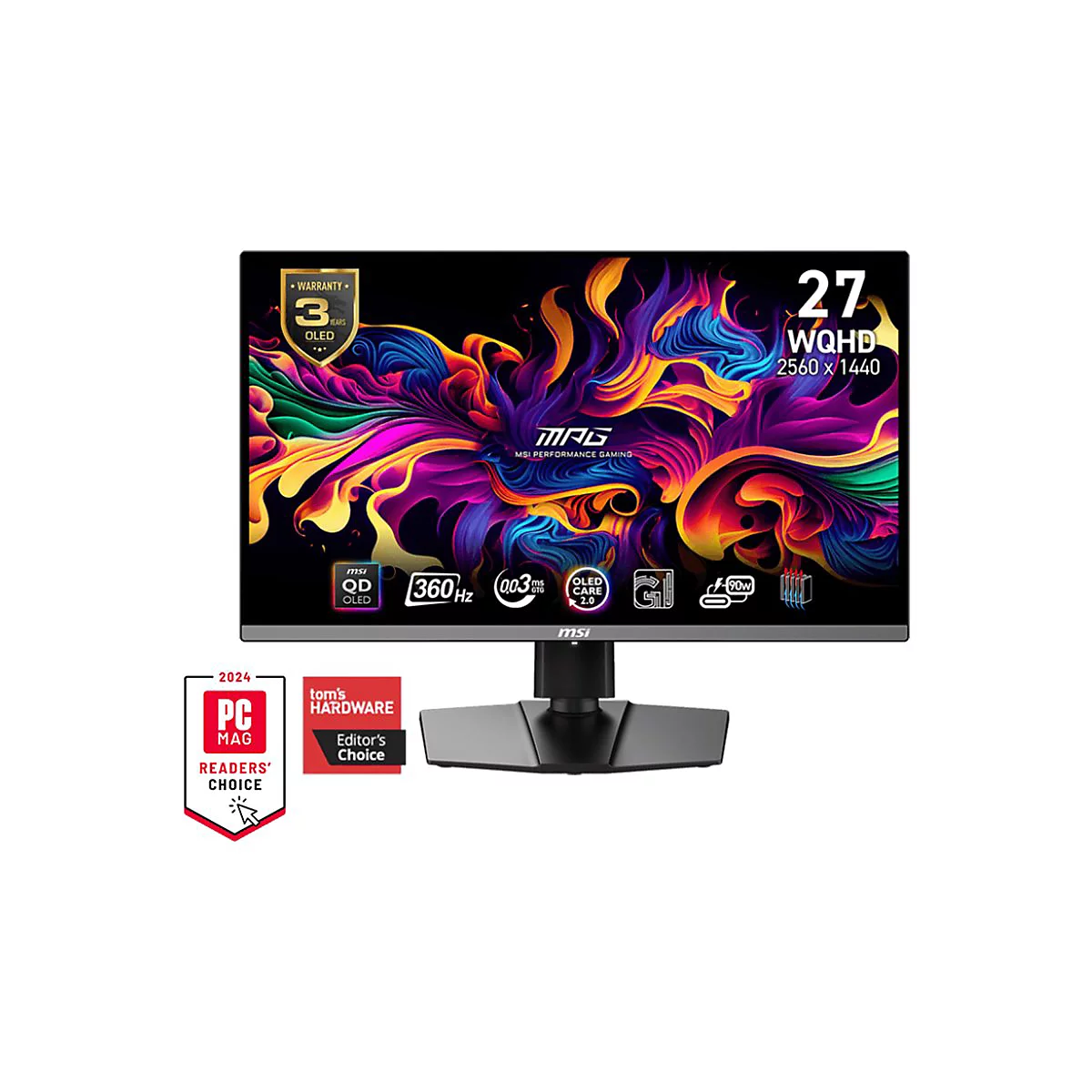 Ein schwarzer MSI-Monitor mit farbenfrohem Hintergrund. Auf dem Bildschirm sind technische Daten und Auszeichnungen abgebildet. Unten Logos von 'PC Mag' und 'Tom's Hardware'.