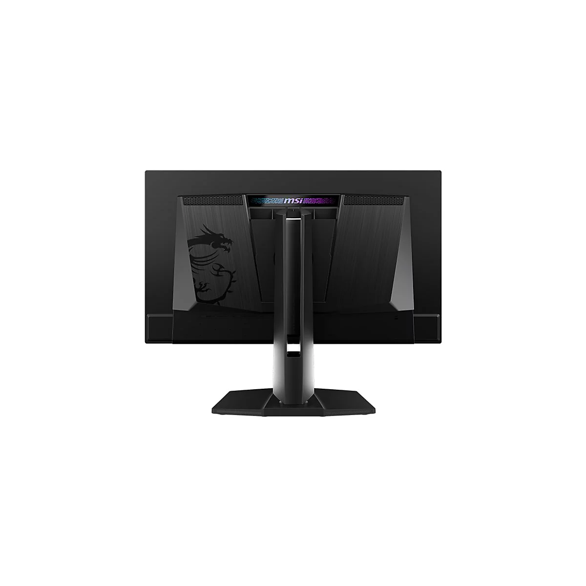 Schwarzer MSI-Monitor mit Drachenlogo und Markennamen. Die Rückseite ist im Fokus, mit einem stabilen Standfuß.