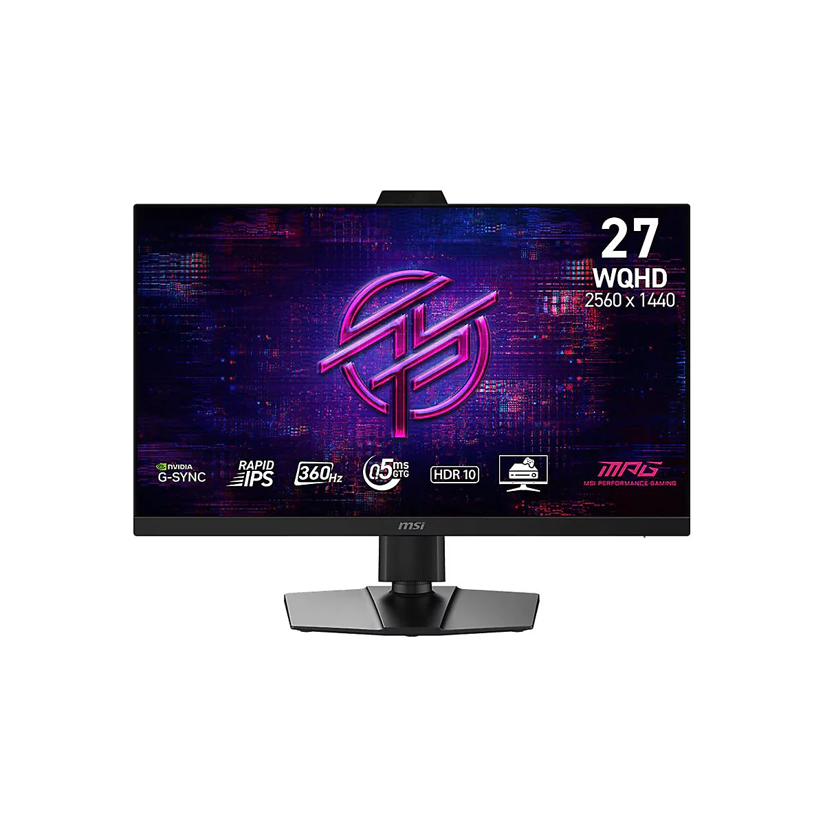 MSI Gaming Monitor 27 Zoll WQHD mit 360Hz Display, dunklem Design und technischen Spezifikationen auf dem Bildschirm.