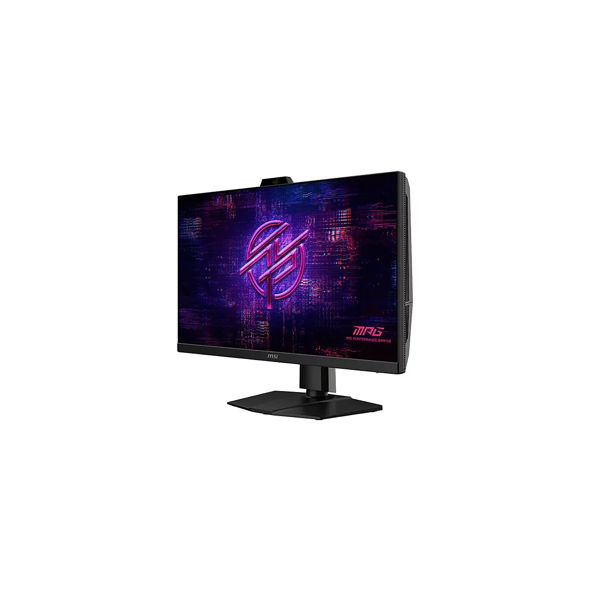 Schwarzer MSI Gaming-Monitor mit leuchtend violettem MSI-Logo auf dem Display vor weißem Hintergrund.