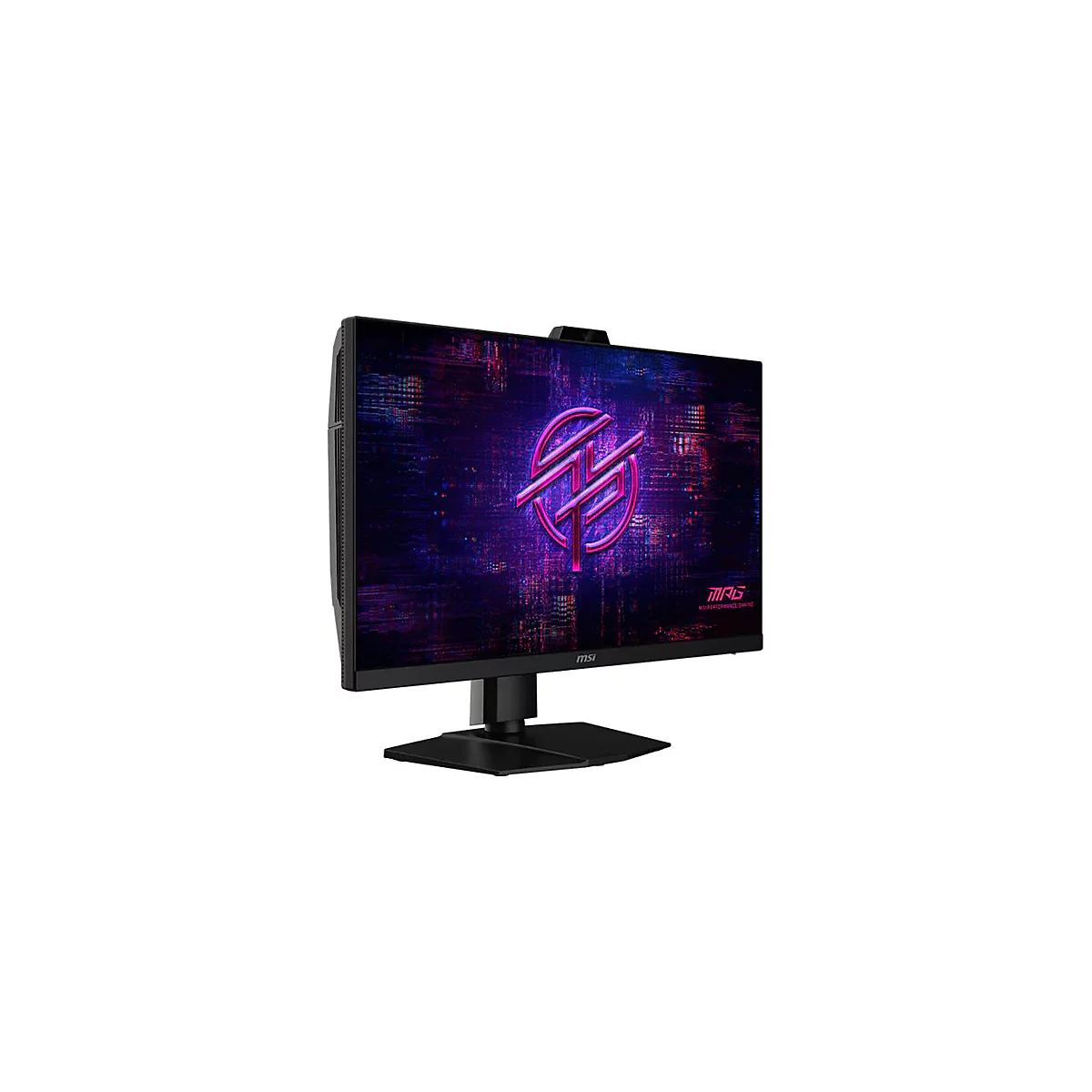 MSI Gaming-Monitor in Schwarz vor weißem Hintergrund mit leuchtendem violettem Logo auf dem Bildschirm.