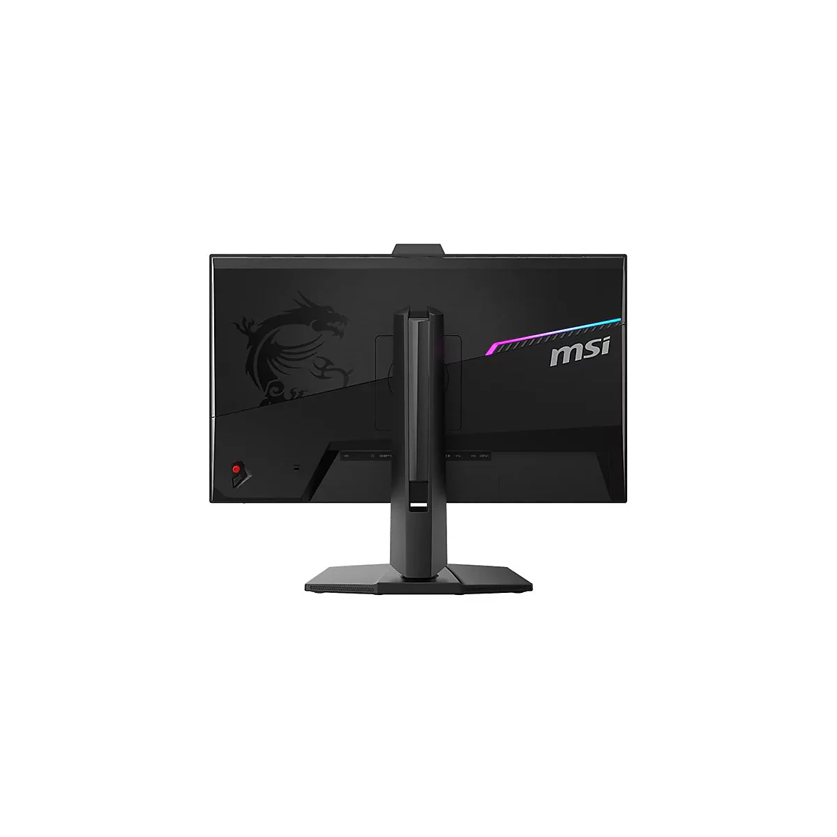 Rückseite eines schwarzen MSI Gaming-Monitors mit Drachenlogo und RGB-Beleuchtung auf einem Standfuß.