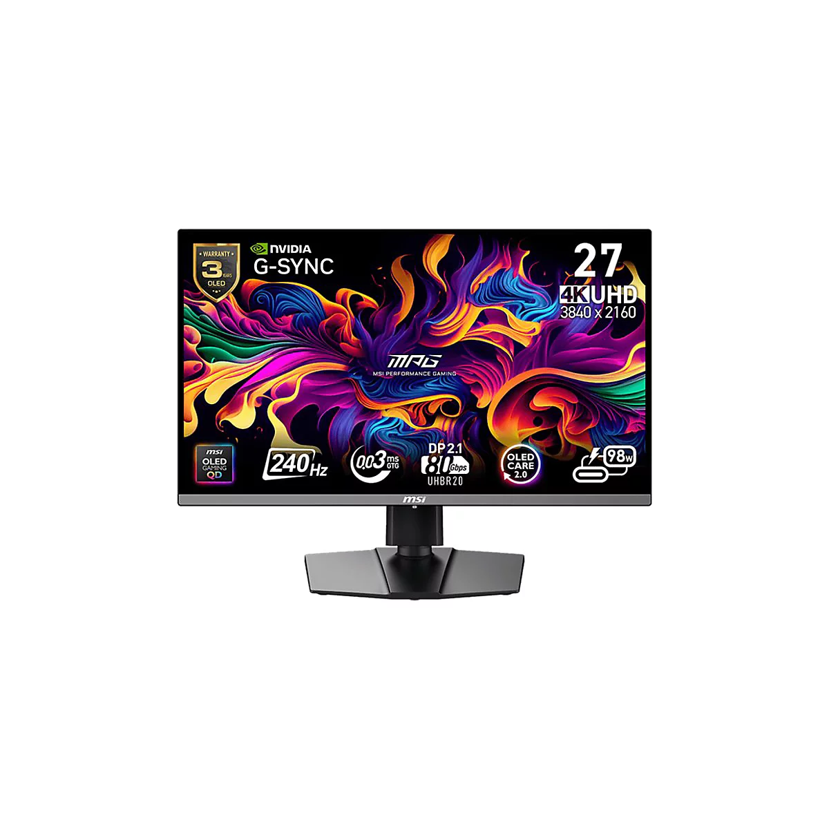 Ein 27 Zoll MSI-OLED-Gaming-Monitor mit buntem Hintergrund, Textangaben wie 4K UHD, G-Sync und 240Hz.