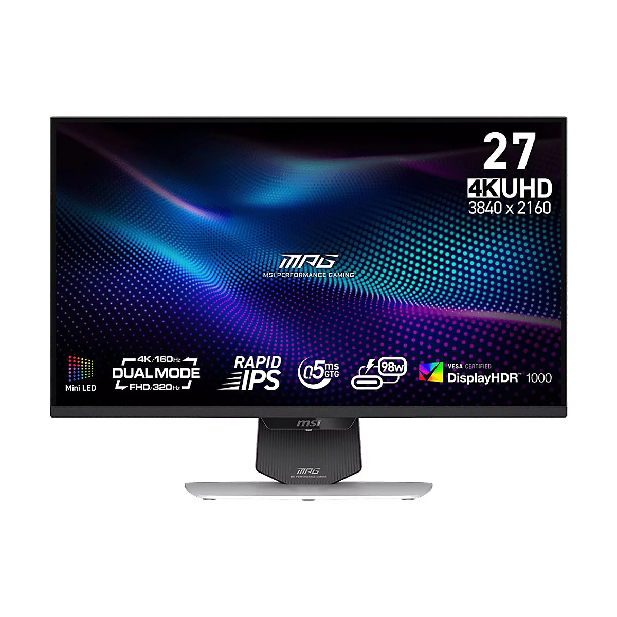 MSI Gaming-Monitor 27 Zoll 4K UHD mit technischer Auflistung der Features wie Rapid IPS und 160Hz.