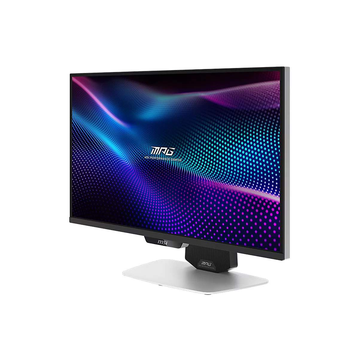 MSI Gaming-Monitor in Schwarz und Silber mit abstraktem, blau-violettem Punktmuster auf dem Display.