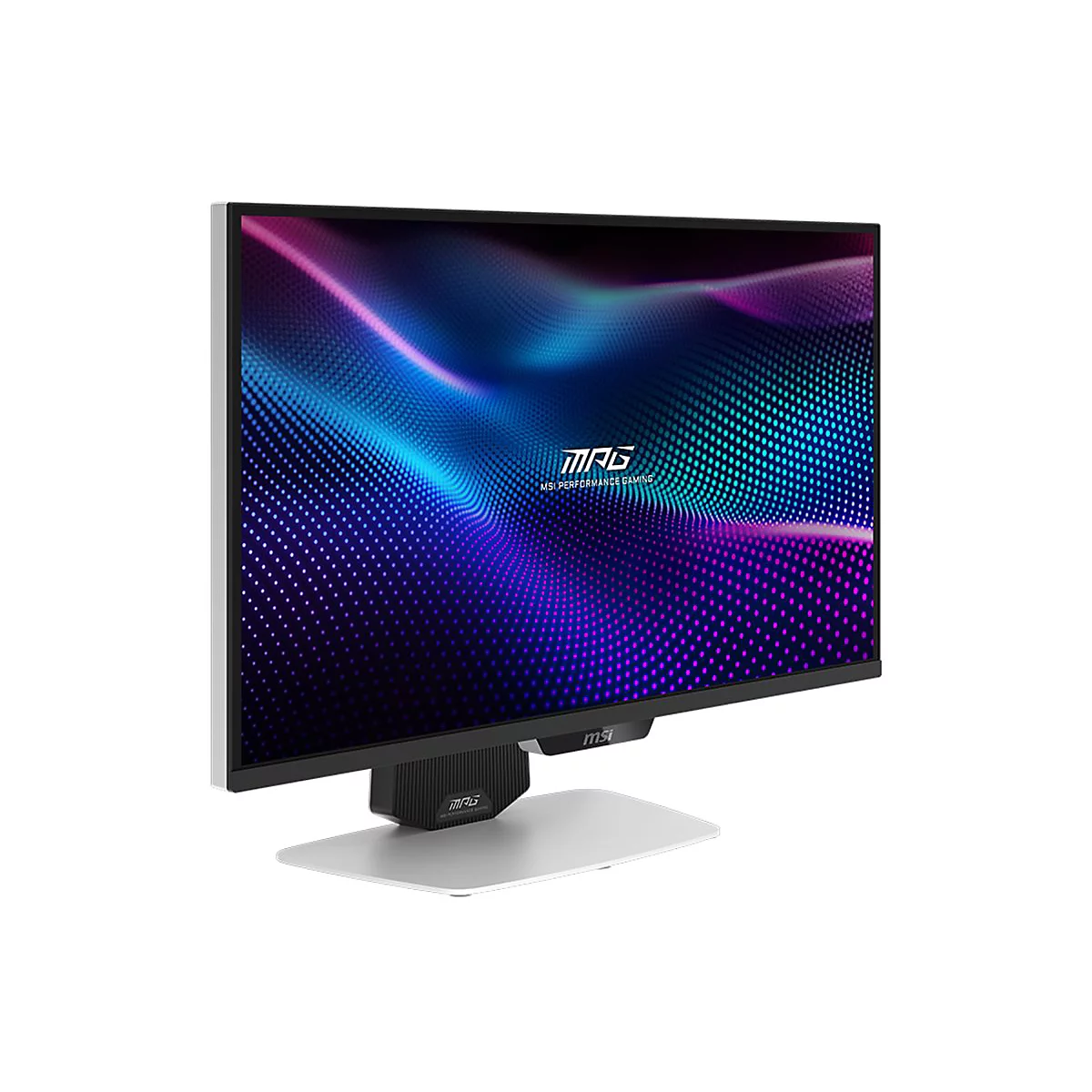 MSI Gaming Monitor in Weiß und Schwarz auf weißem Hintergrund mit leuchtendem, violettem Hintergrundbild.