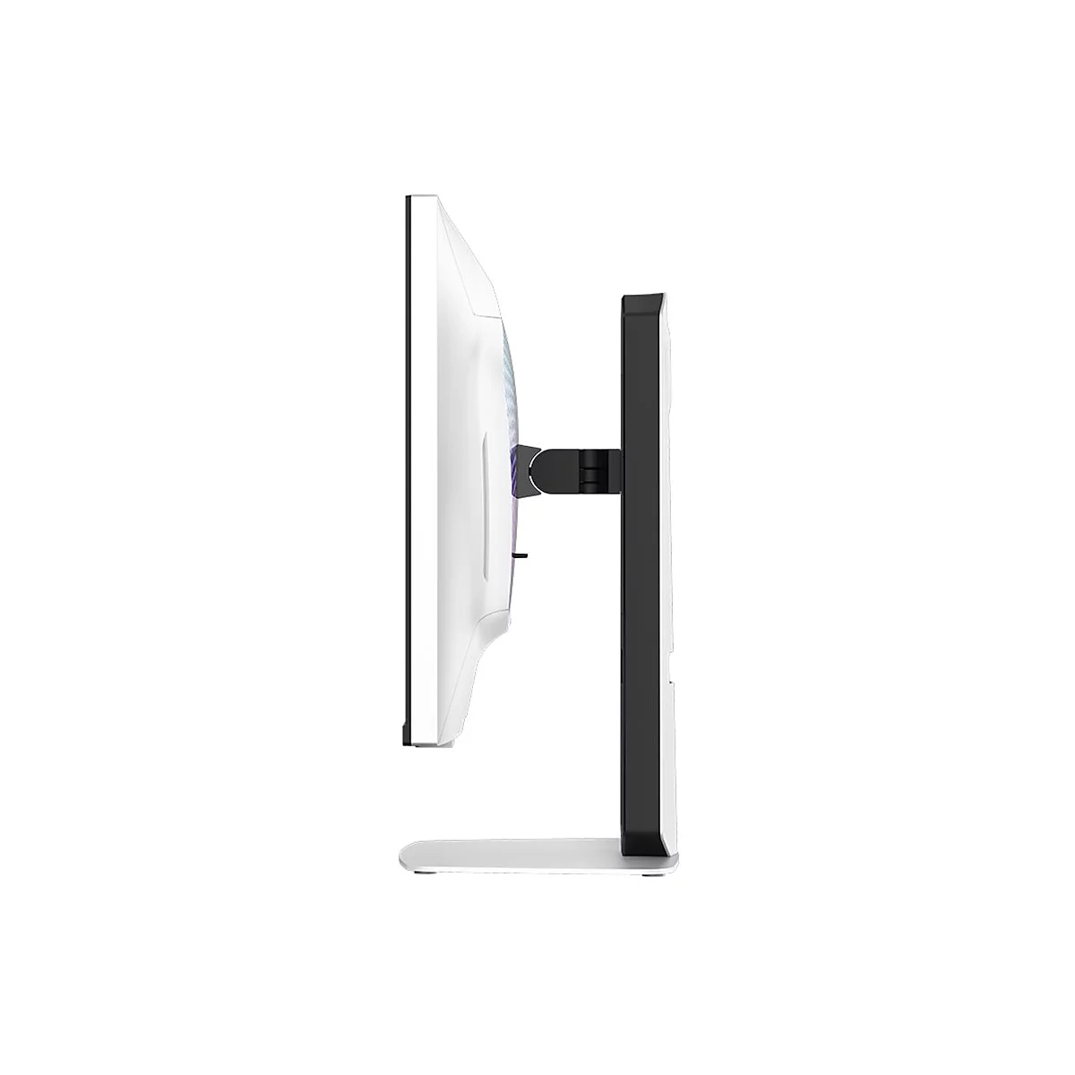 Seitenansicht eines modernen Gaming-Monitors mit weißem Gehäuse und schwarzem Standfuß vor weißem Hintergrund.
