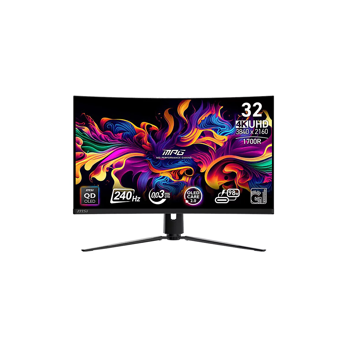 MSI Gaming-Monitor, 32 Zoll, 4K UHD, gebogen, mit farbenfrohem abstraktem Display-Hintergrund.