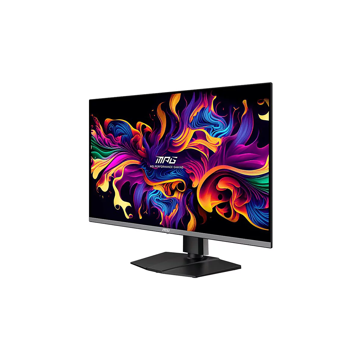 MSI Gaming-Monitor schräg von vorne mit buntem, abstraktem Hintergrundbild auf dem Bildschirm.