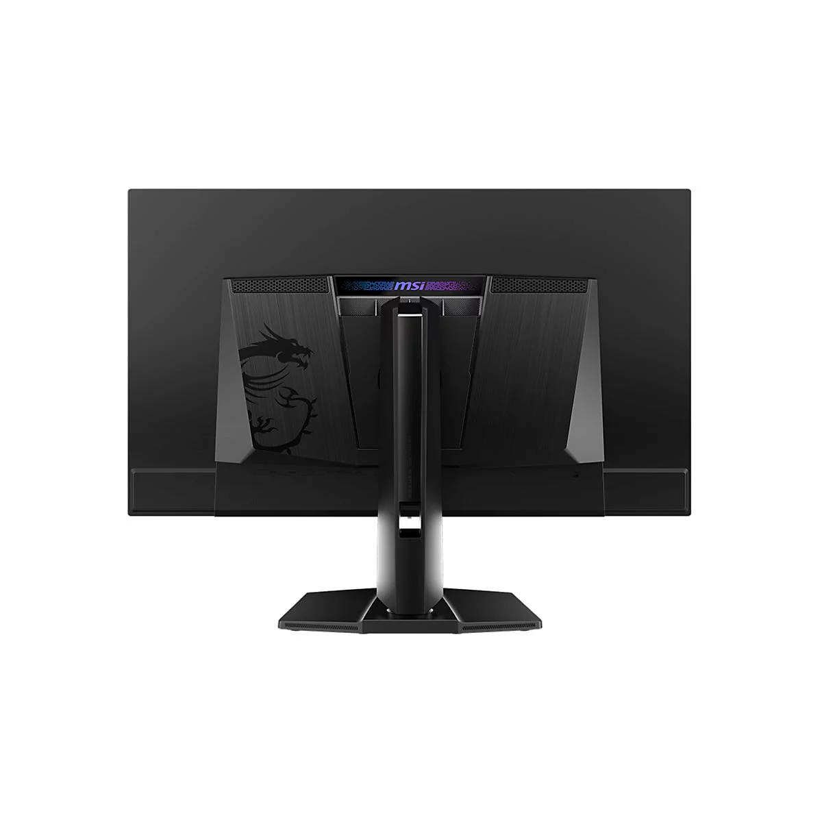 Rückansicht eines schwarzen MSI Gaming-Monitors mit Drachenlogo auf dem Gehäuse und mittigem Standfuß.