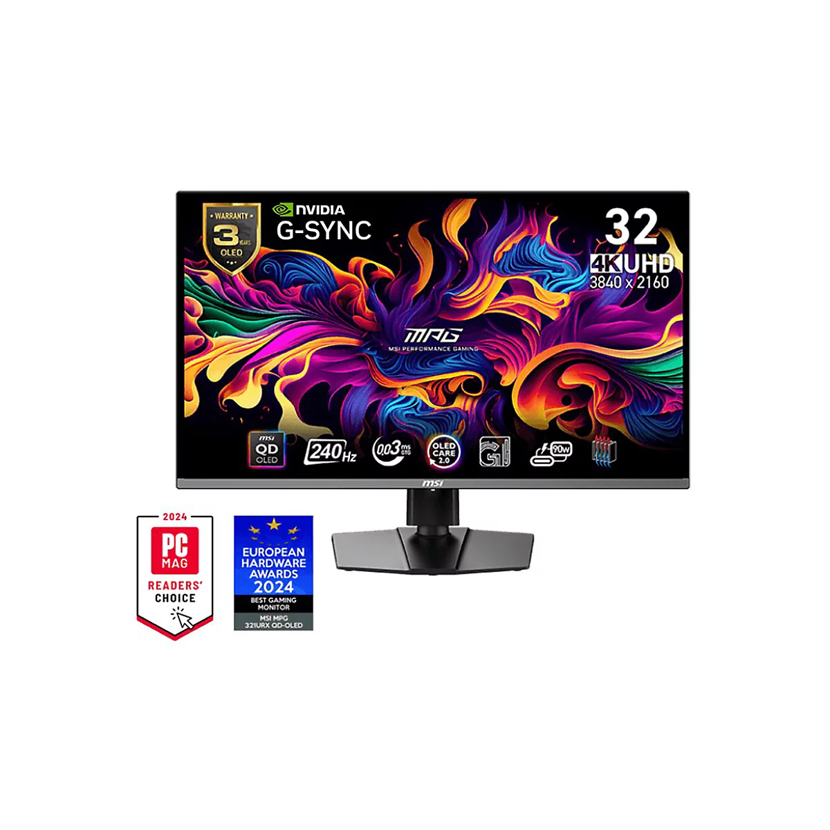 MSI 32 Zoll Gaming-Monitor mit farbenfrohem OLED-Display, G-Sync-Logo und technischen Spezifikationen vor weißem Hintergrund.