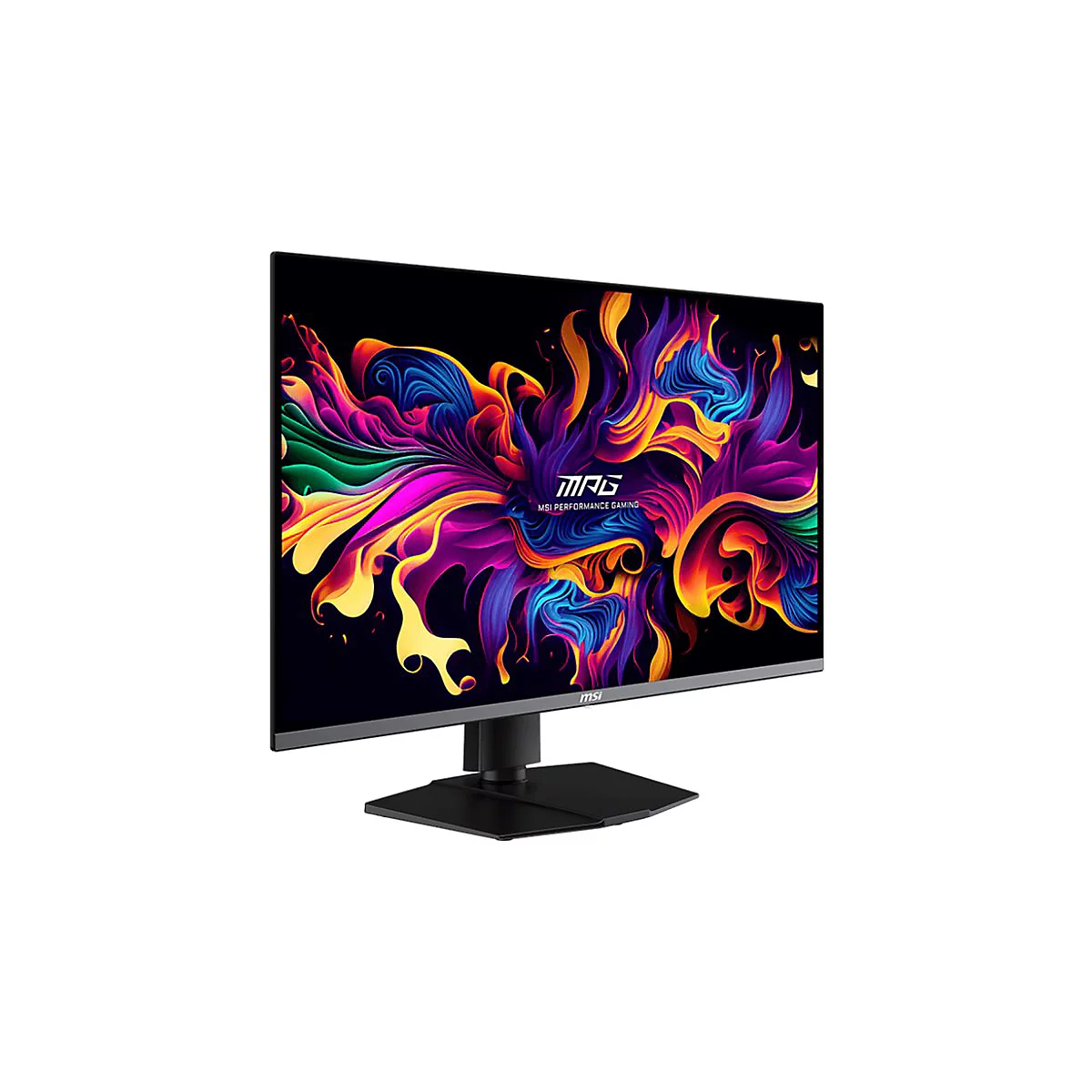 MSI-Monitor mit farbenfrohem Kunstwerk auf dem Bildschirm. Schwarzer Standfuß, Marke MSI.